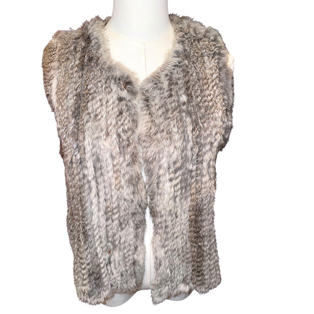 525 America Luxe Genuine Rabbit Fur Vest Womens Medium Grey Brown Open Front